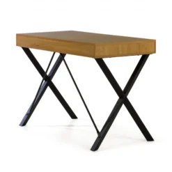 Scrivania PC Niza in legno massiccio di rovere e gambe a croce in acciaio